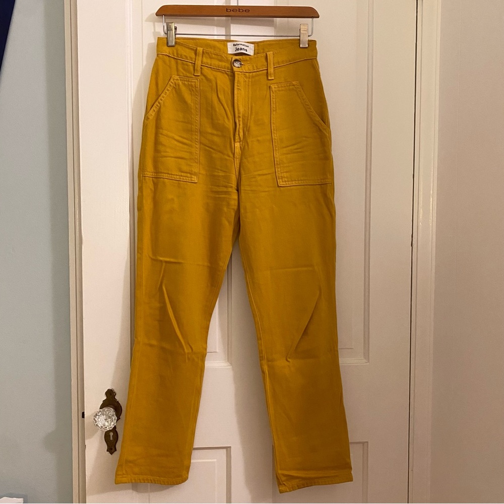 REFORMATION mustard yellow straight leg pants